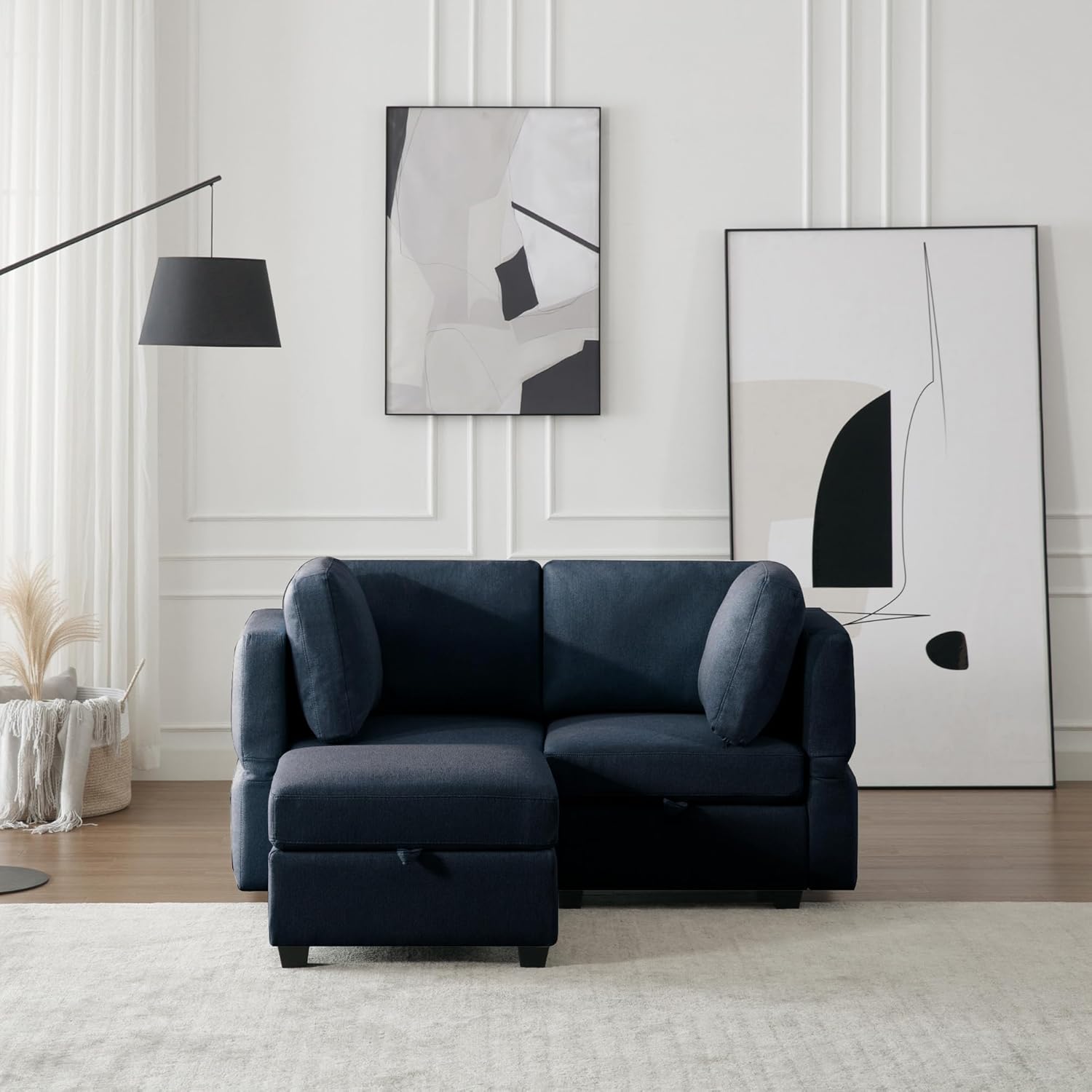 Small Sectional Sofa with Ottoman, 2 Seater with Storage - Blue N3273