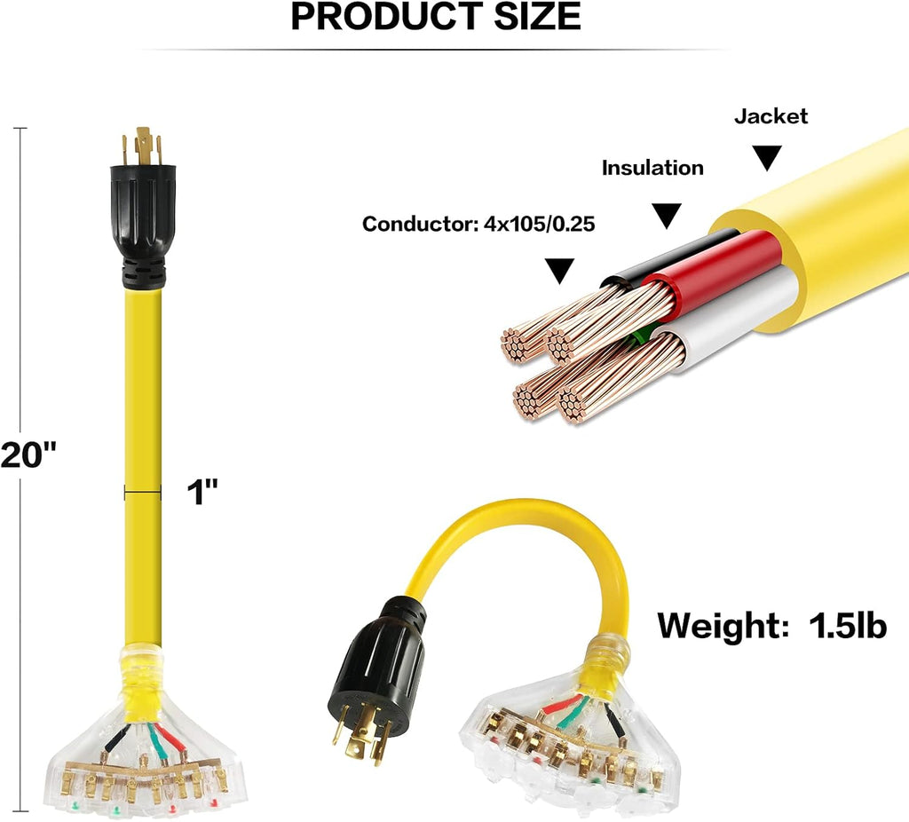 RV Generator Adapter Cord 30 Amp to 30 Amp with LED Indicator, 12 Inch E787