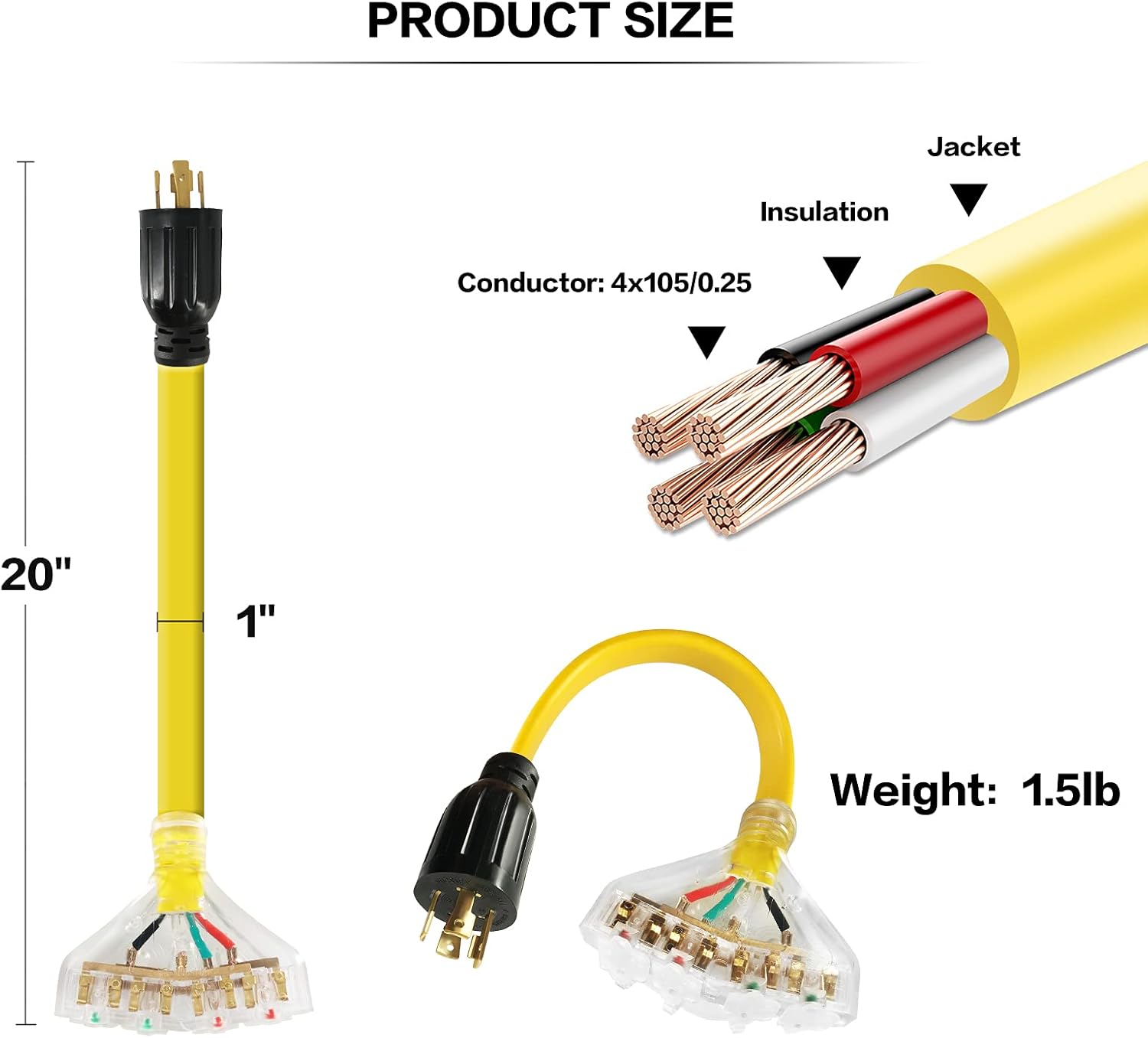 RV Generator Adapter Cord 30 Amp to 30 Amp with LED Indicator, 12 Inch E787