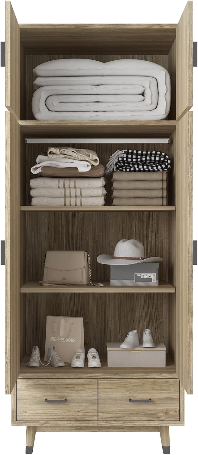 2-Door Wood Storage Cabinet with Drawers and Hanging Rod R41287