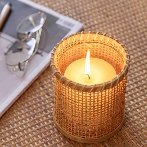 Rattan Woven Hurricane Glass Candle Holder for Pillar Candles U5467