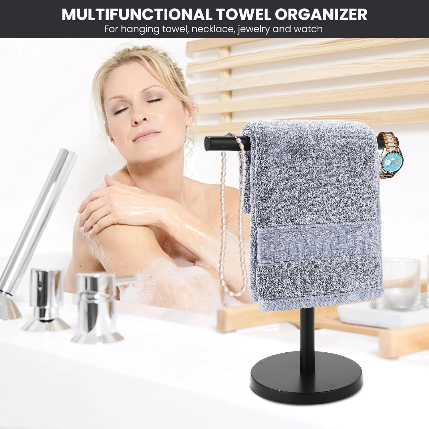 T-Shape Bath Hand Towel Holder Stand, Stainless Steel, Matte Black J343