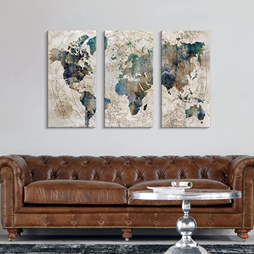World Map Canvas Wall Art Poster Teal Blue Decor for Living Room Bedroom Office D5036