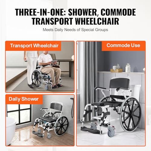 Shower Wheelchair, 17.5in Width Aluminum Alloy, Adjustable Rolling Chair with Brake for Disabled Adult J838