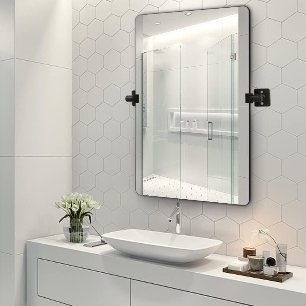 22" x 30" Black Aluminum Frame Pivot Rectangle Bathroom Mirror E69152