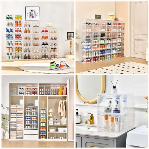 Clear Shoe Storage Organizer with Magnetic Door, Stackable Plastic Boxes X45829