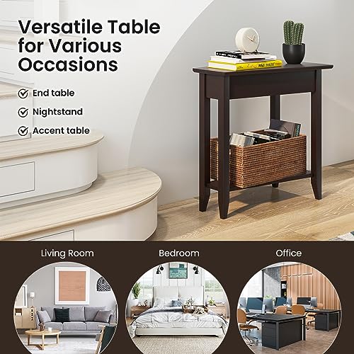 2-Tier Wedge End Table Set of 2 with Storage Shelf, Solid Wood Legs Y108