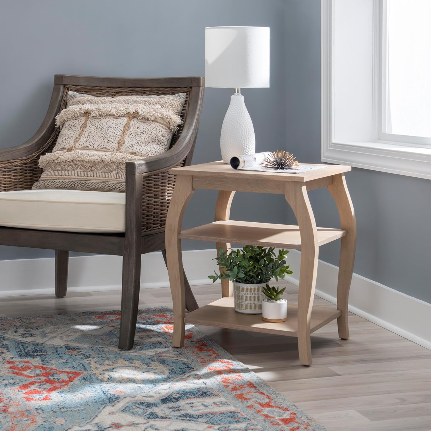 Wooden Side Table with Curved Legs and Two Display Shelves F680