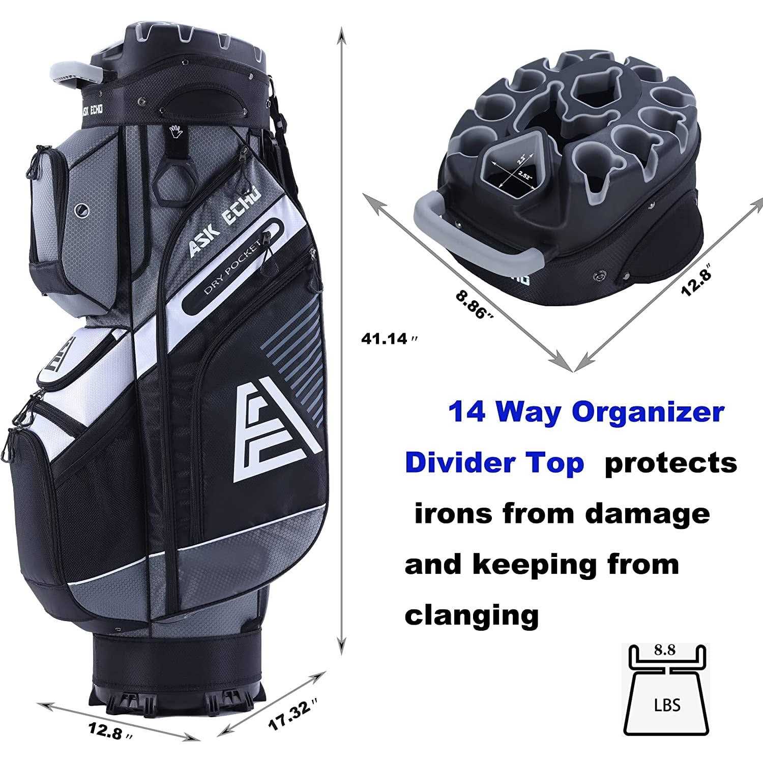 Golf Cart Bag with 14 Way Organizer Divider Top and Rain Cover K8996