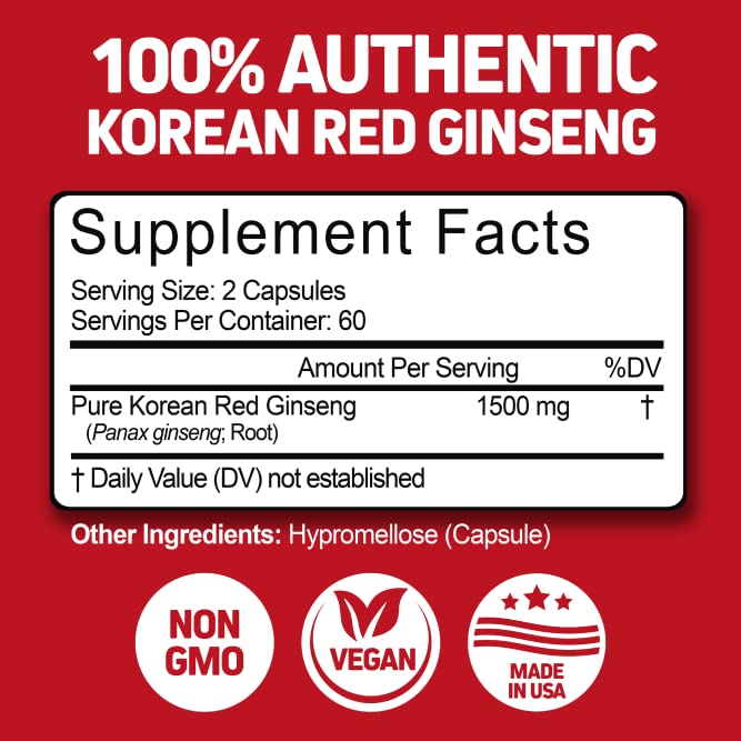 Korean Red Panax Ginseng 1500mg Root Extract Supplement - 120 Capsules G813403