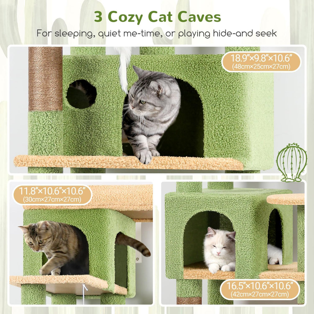 Multi-Level Cactus Climbing Tower for Indoor Cats with Large Platform and 3 Caves R347