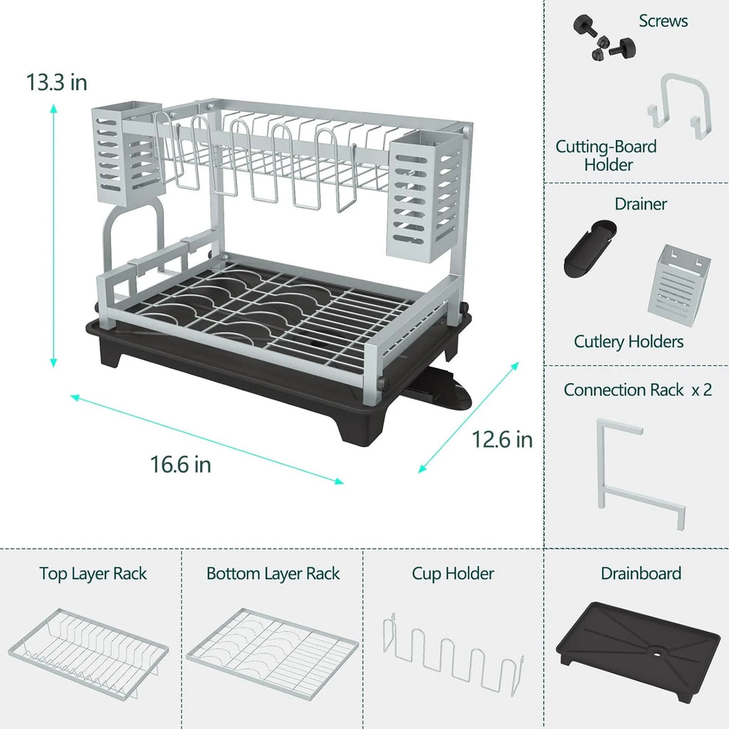 2 Tier Dish Drying Rack with Drainboard for Kitchen Counter O8606