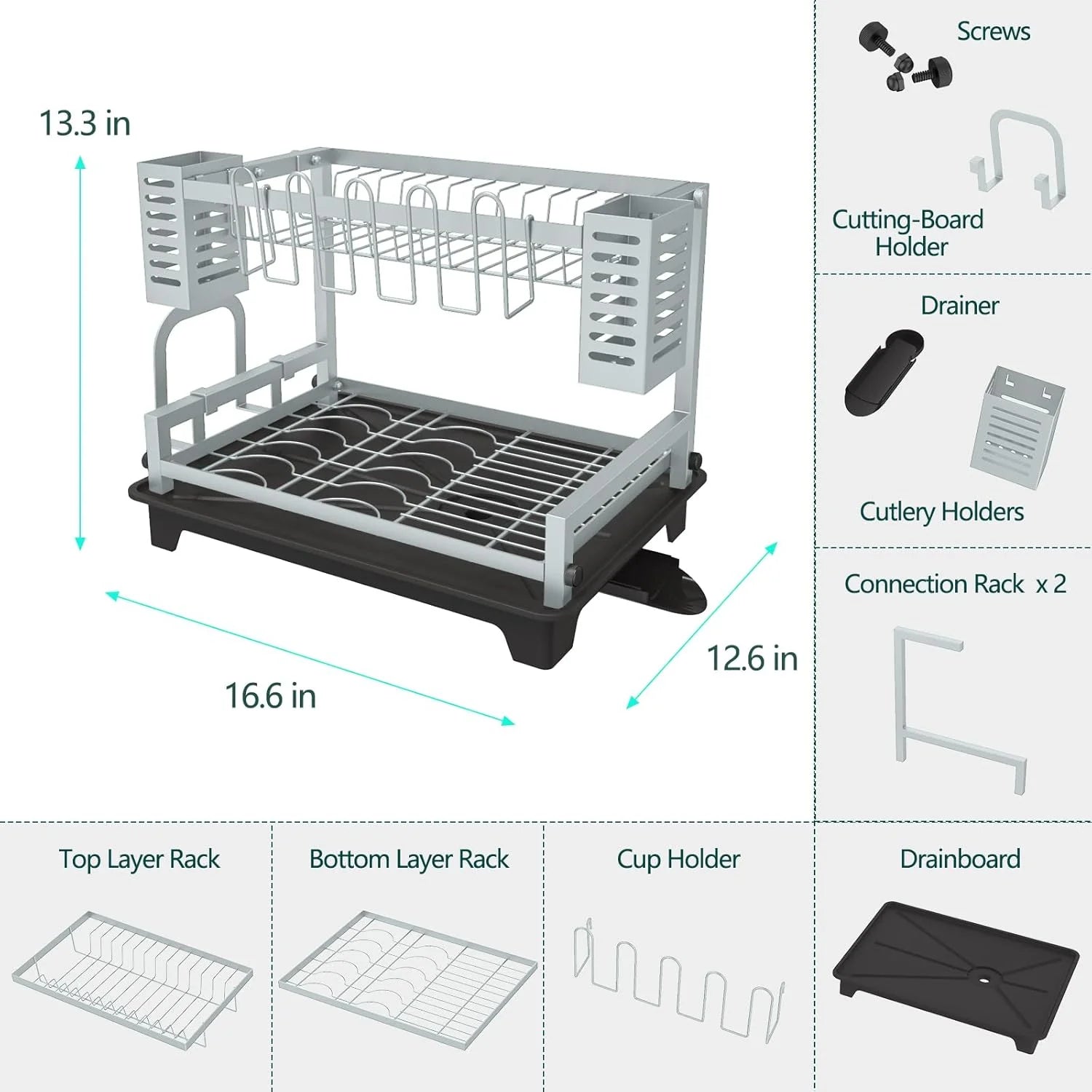 2 Tier Dish Drying Rack with Drainboard for Kitchen Counter O8606