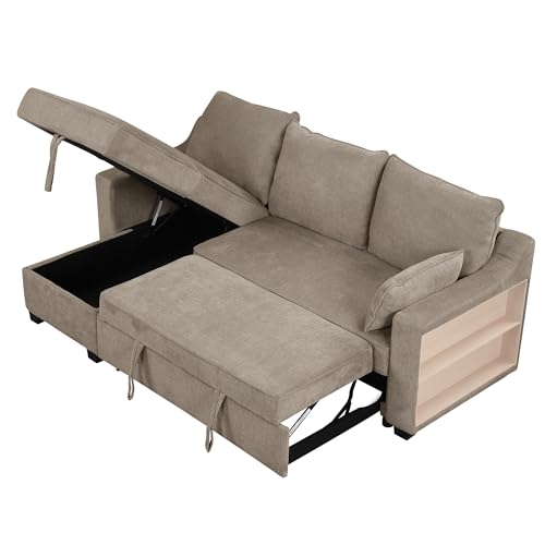 Pull Out Sleeper Sofa Bed with Storage Chaise, L-Shaped, Light Brown G87880