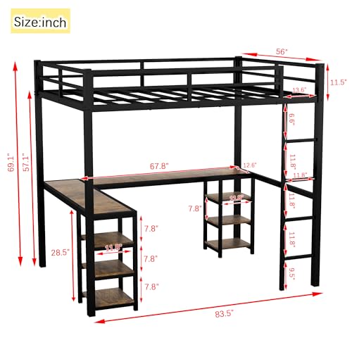 Full Size Metal Loft Bed with Desk and Storage Shelves S6260