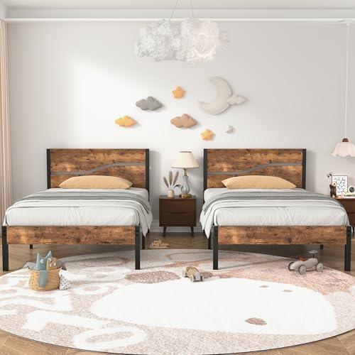 Twin Bed Frame with Wood Storage Headboard, Heavy Duty Metal Platform, Under Bed Storage B13425