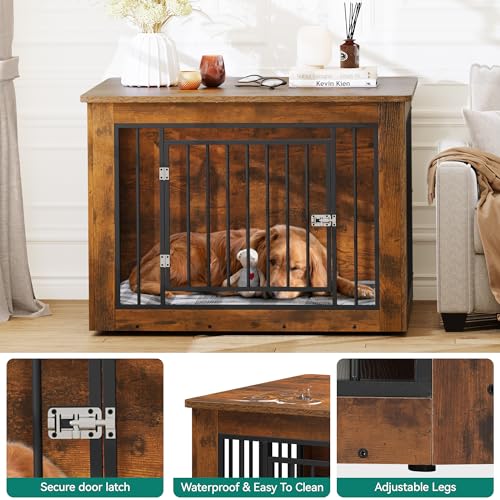 Dog Crate Furniture for Large Dogs, Side End Table, Indoor Kennel up to 60 lb, Rustic Brown W4096