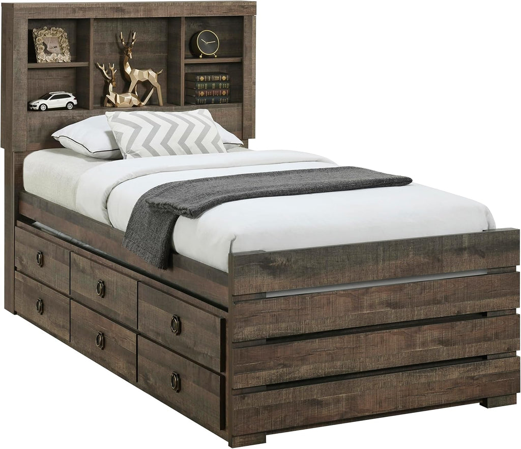 Twin Size Bookcase Captain Bed with Drawers and Trundle V912833