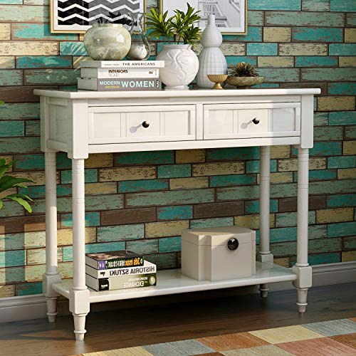 Narrow Console Table with 2 Drawers and Storage Shelf, Retro Wood Entryway Table A838