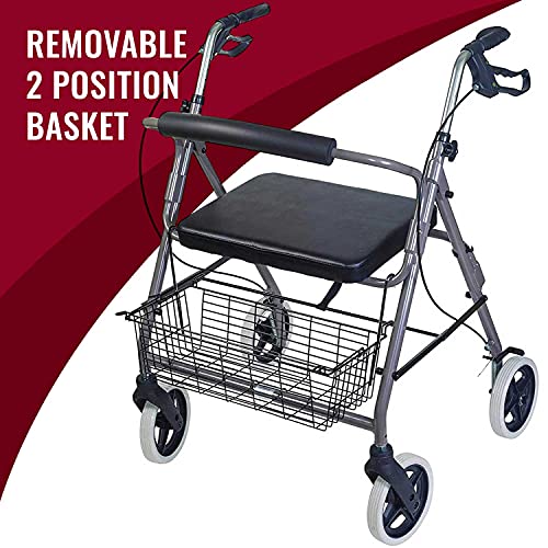Rollator Walker with Extra Wide Seat and Backrest, Adjustable Height, Burgundy E4900