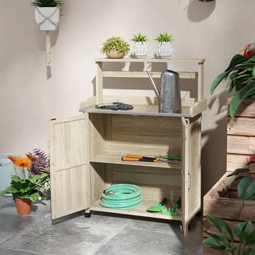 Outdoor Wooden Potting Table with 2 Door Cabinets and Galvanized Top K706