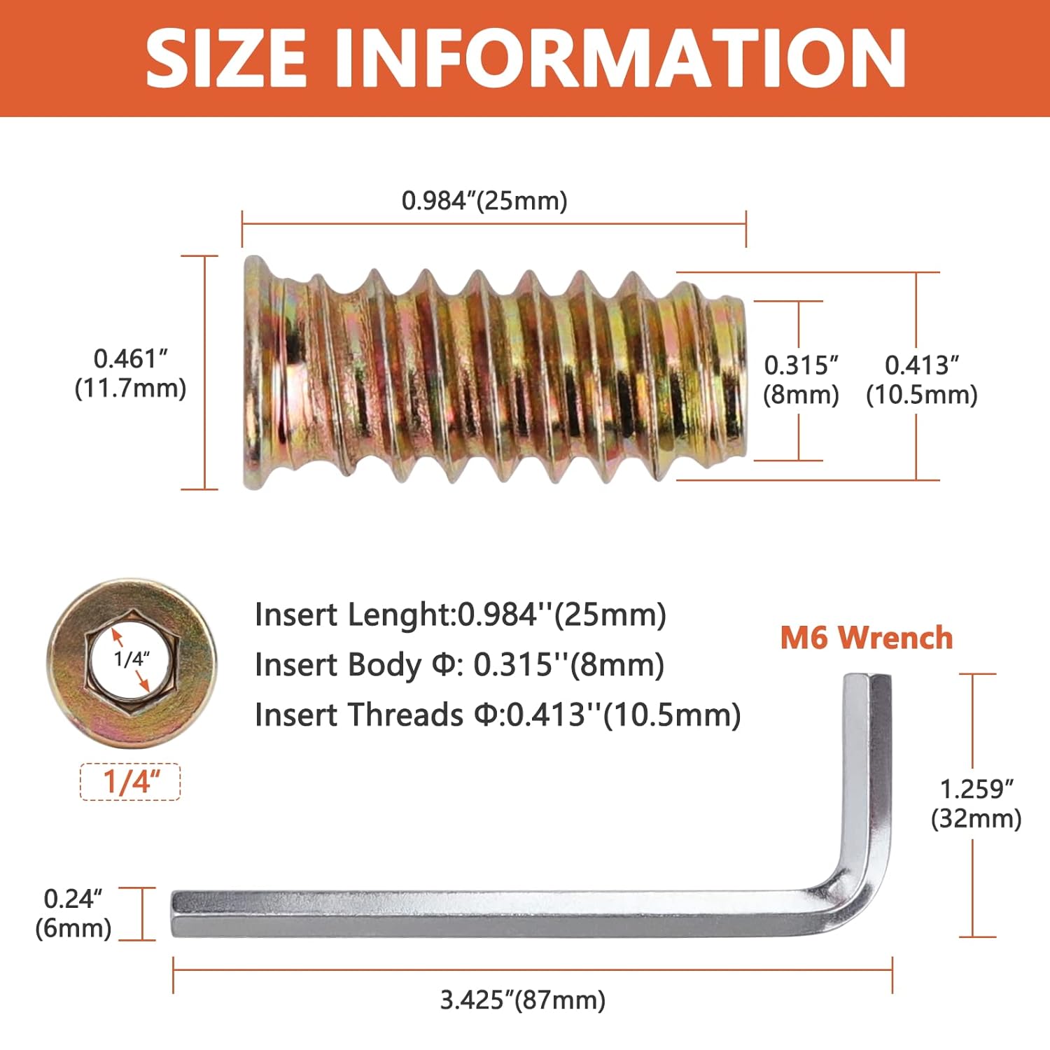 1/4-20 x 25mm Threaded Wood Inserts for Furniture, Carbon Steel, Hex Socket Drive A956443