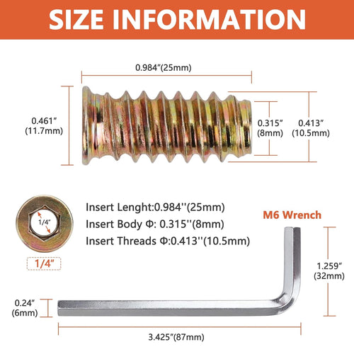 1/4-20 x 25mm Threaded Wood Inserts for Furniture, Carbon Steel, Hex Socket Drive A956443