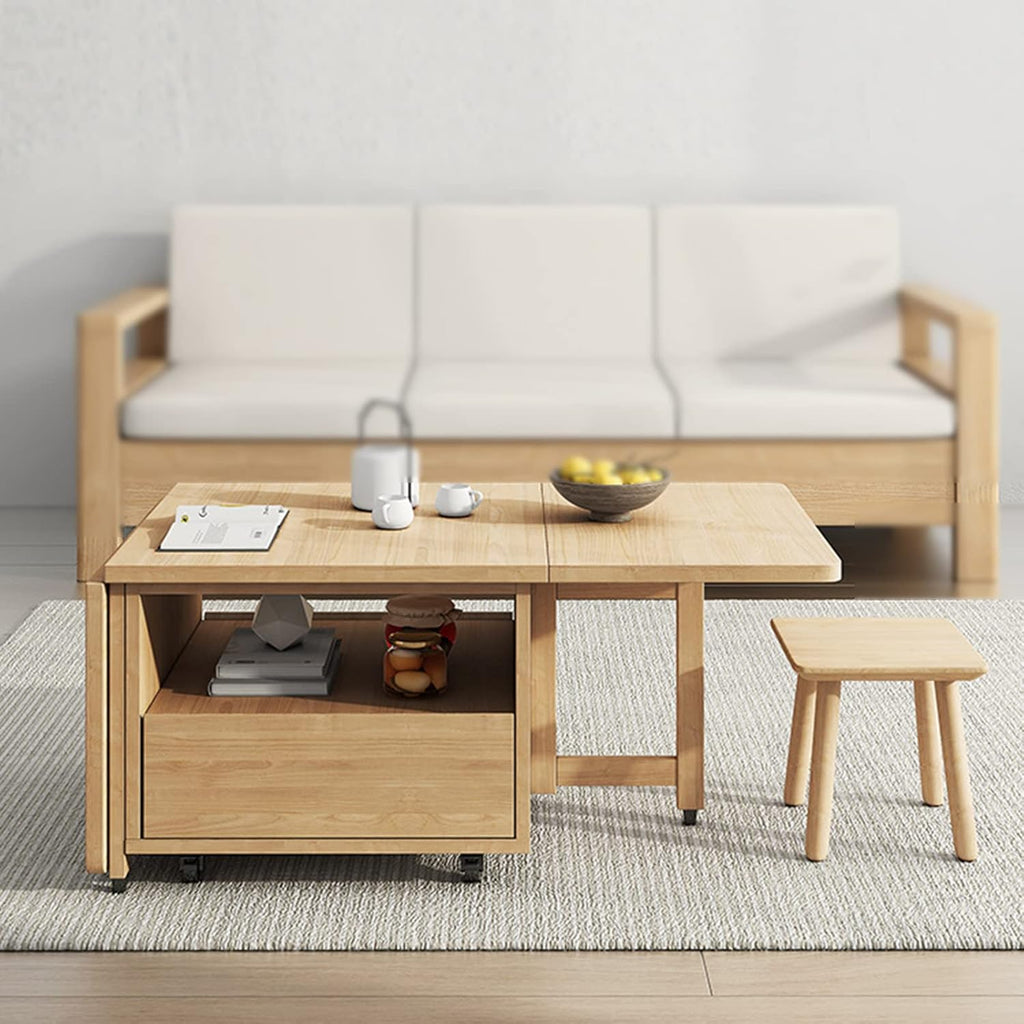 Folding Coffee Table with Rollers, Solid Wood Drop-Leaf Design Z606