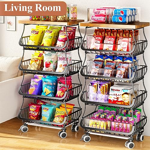Fruit Basket for Kitchen with Wood Top 5 Tier, Stackable Storage Cart with Wheels, White R5884