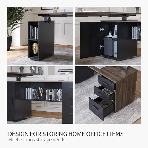 L Shaped Electric Standing Desk with File Cabinet, Black Walnut X736