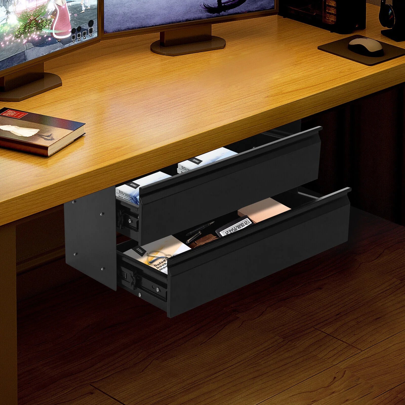 Under Desk Sliding Drawer Organizer, Black Steel Pull-Out Storage Tray F149