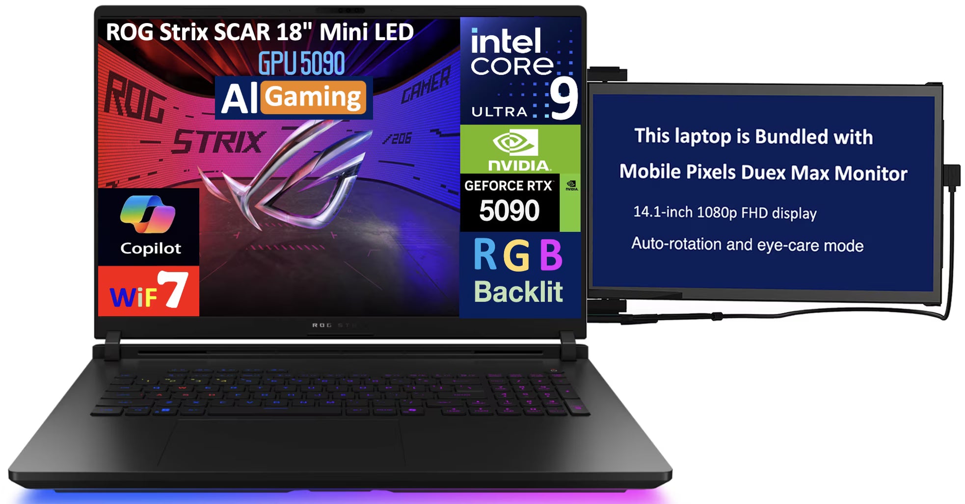 ASUS ROG Strix SCAR AI Gaming Laptop 18in 240Hz Mini LED WQXGA Display (Intel Ultra 9- 275HX, NVIDIA GeForce RTX 5090 24GB, 32GB DDR5, 2x4TB PCIe SSD (8TB), RGB KB, Win 11 Pro) w/Duex Max DS Monitor