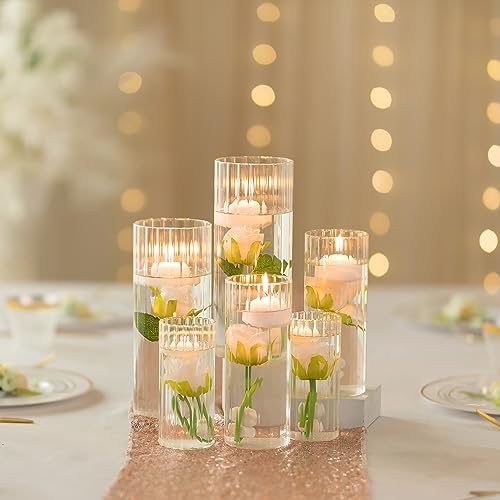 Ribbed Hurricane Candle Holders - Set of 6 Cylinder Glass for Pillar Candles E48189