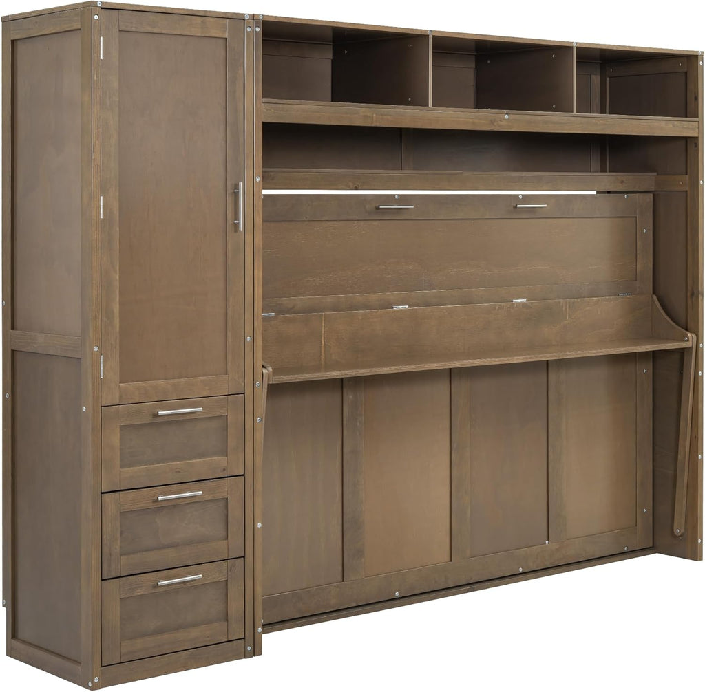 Full Size Murphy Bed Frame with Wardrobe, 3 Drawers and Shelves P729