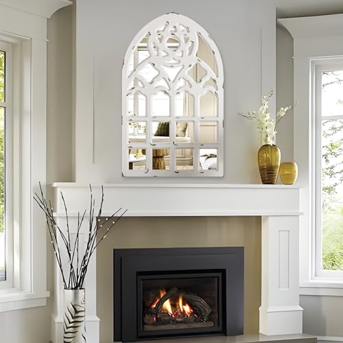 Arched Window Mirror, Wood Framed Wall Decor, White F3286
