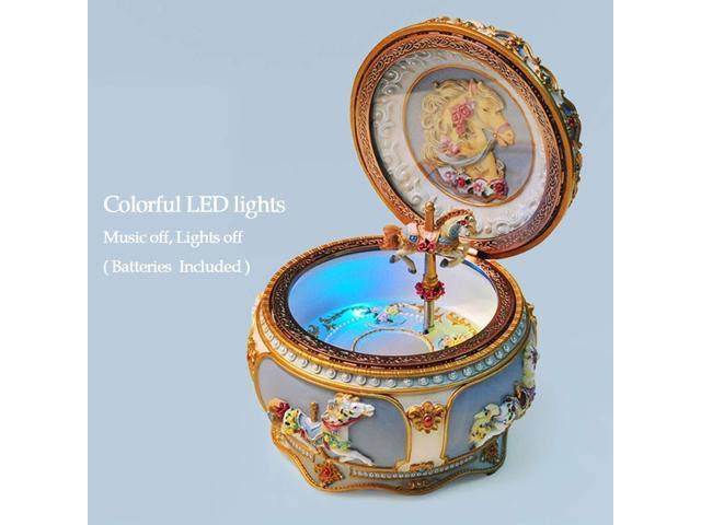 Carousel Horse Music Box with LED Lights, Resin Carved Mechanical Musical Box N255