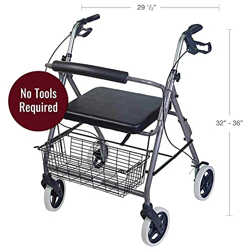 Rollator Walker with Extra Wide Seat and Backrest, Adjustable Height, Burgundy E4900