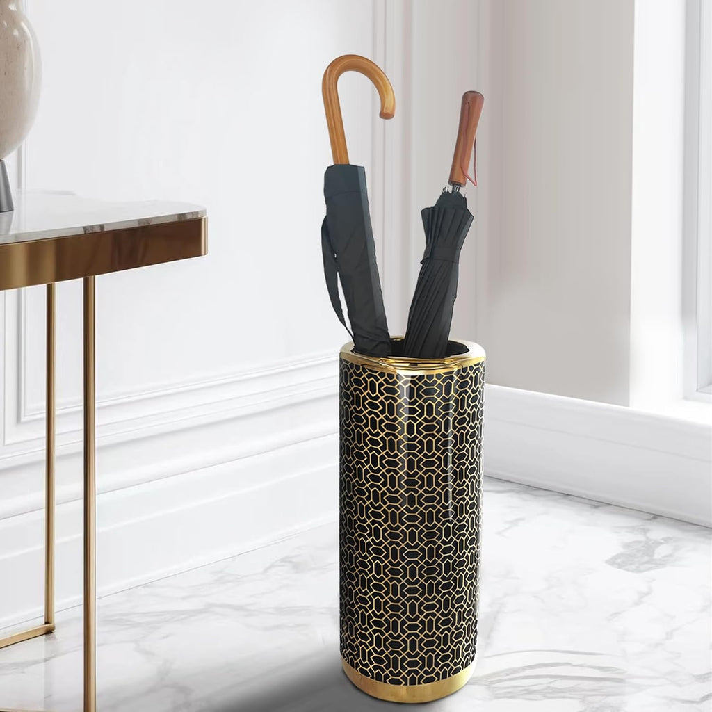Ceramic Umbrella Stand for Entryway, 18" High, Black Gold X9681