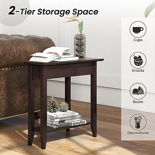 2-Tier Wedge End Table Set of 2 with Storage Shelf, Solid Wood Legs Y108
