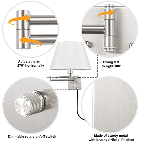 Dimmable Plug-in Wall Sconce Set of Two with Swing Arm and Beige Fabric Shade S403894
