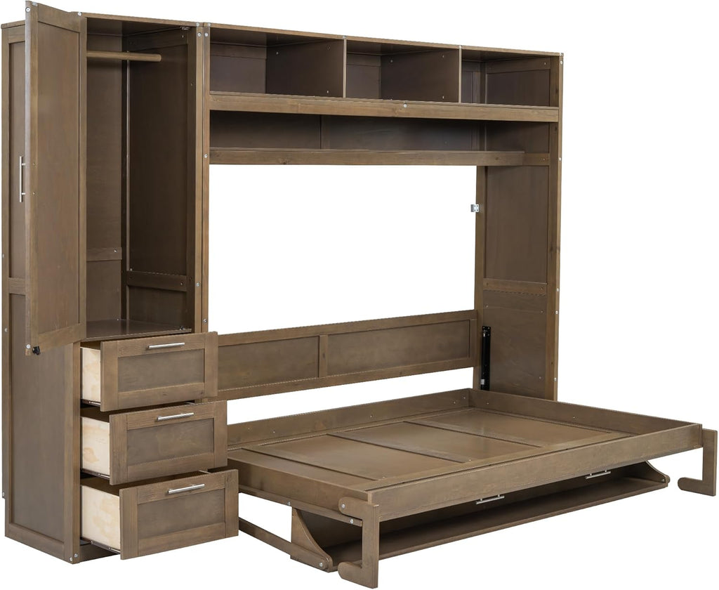 Full Size Murphy Bed Frame with Wardrobe, 3 Drawers and Shelves P729