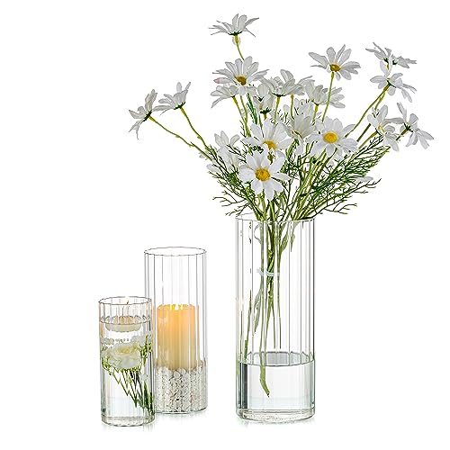Ribbed Hurricane Candle Holders - Set of 6 Cylinder Glass for Pillar Candles E48189