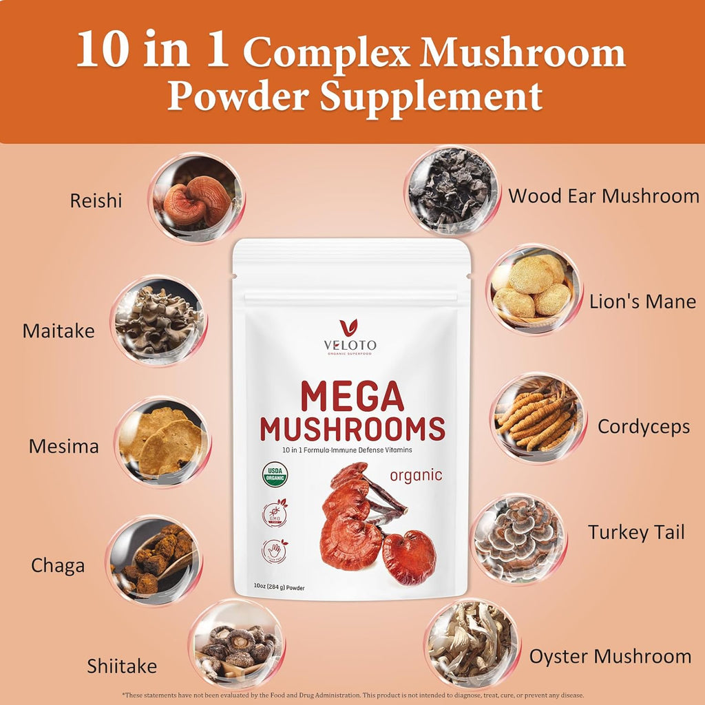 Organic Mushroom Powder Blend Supplement, 10 in 1 Complex, Vegan, 10oz S44880