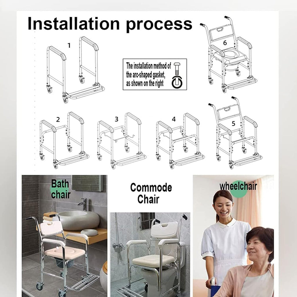 Shower Commode Chair with Wheels, 3 in 1 Toileting Aid with Locking Casters E566