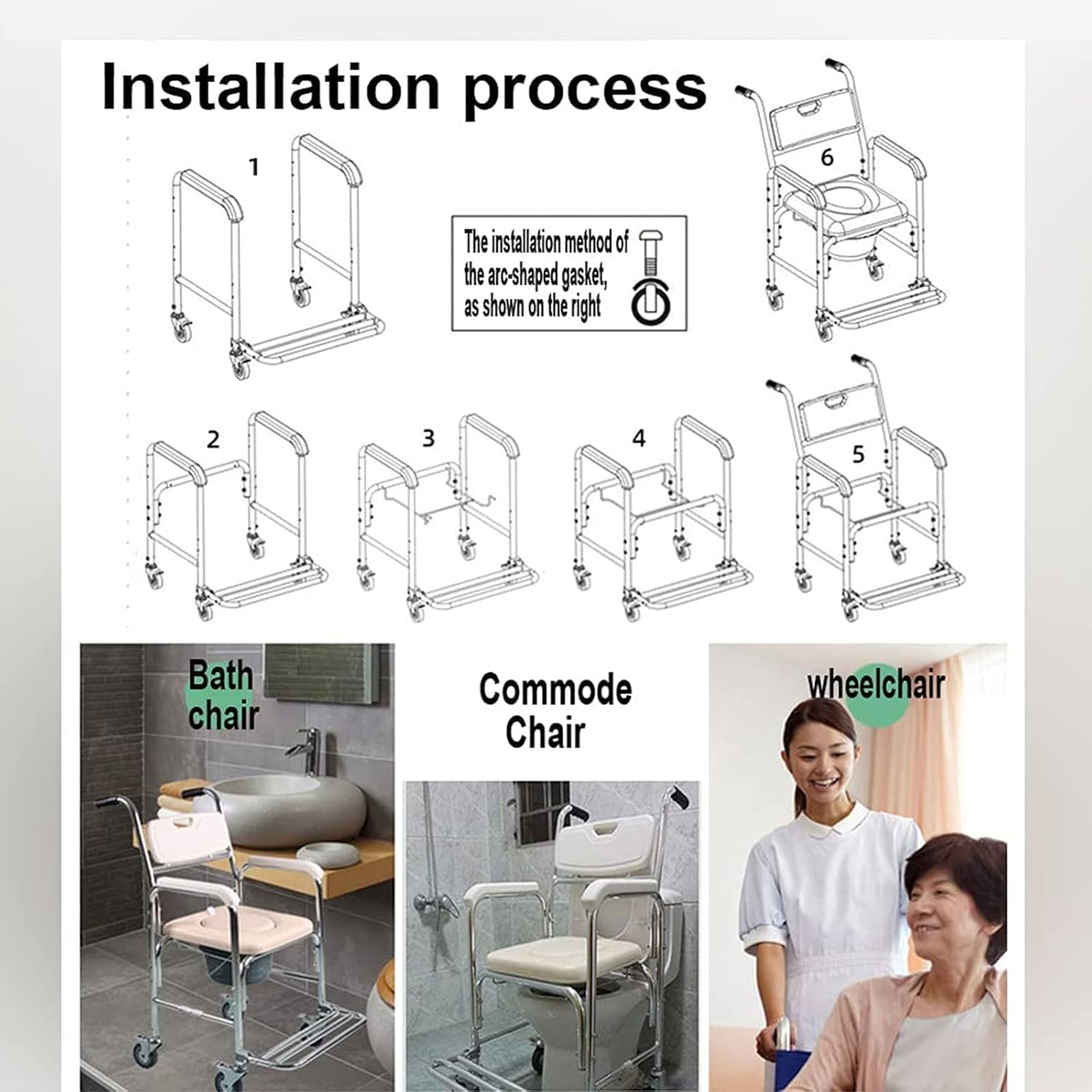 Shower Commode Chair with Wheels, 3 in 1 Toileting Aid with Locking Casters E566