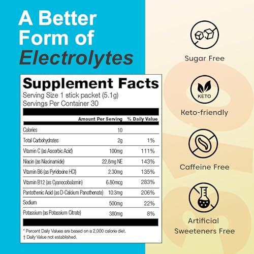 Lemon Lime Electrolyte Powder Packets, Sugar Free Hydration Drink Mix with Vitamins & Minerals, 30 Single Servings O638