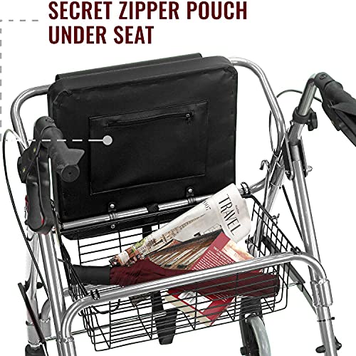 Rollator Walker with Extra Wide Seat and Backrest, Adjustable Height, Burgundy E4900