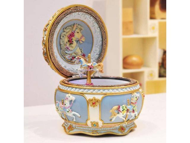 Carousel Horse Music Box with LED Lights, Resin Carved Mechanical Musical Box N255