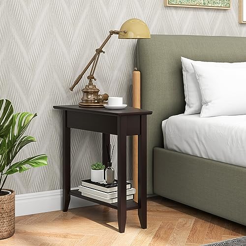 2-Tier Wedge End Table Set of 2 with Storage Shelf, Solid Wood Legs Y108