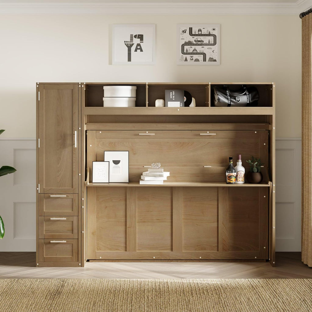 Full Size Murphy Bed Frame with Wardrobe, 3 Drawers and Shelves P729